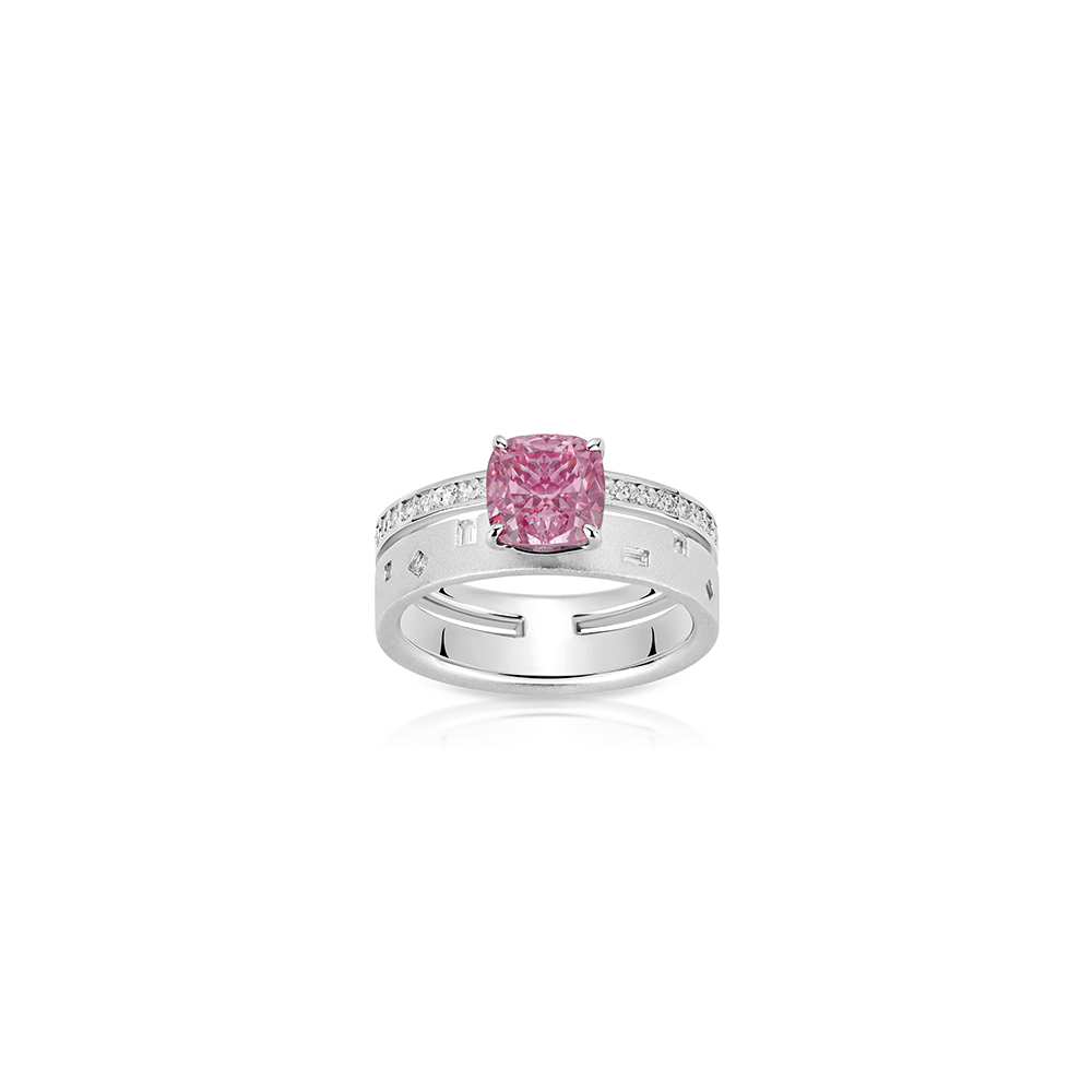 #10052 -ピンクスクエアジェムリング ダブルレイヤーデザイン 大人可愛い豪華光沢 オシャレな指元アクセサリー(925シルバー)