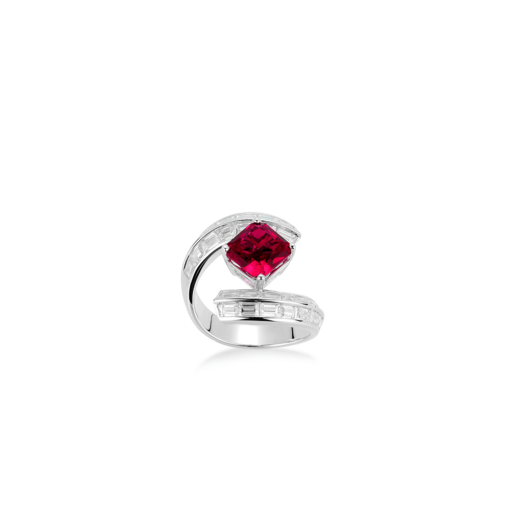 #10282-赤四角エメラルドカット フルダイヤ豪華リング 上品高見え（S925）