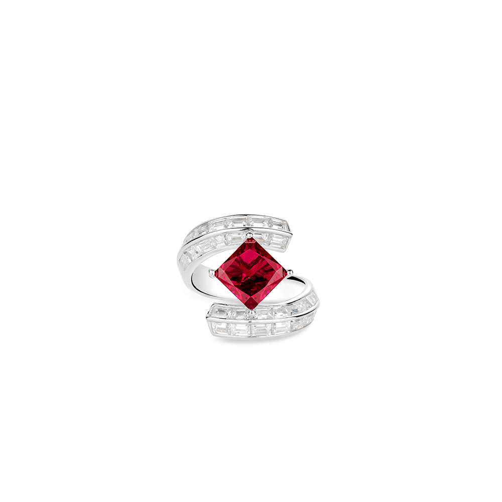 #10282-赤四角エメラルドカット フルダイヤ豪華リング 上品高見え（S925）