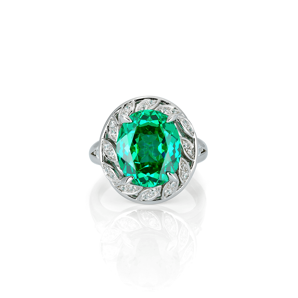 #1048グリーンオーバルカットジェムリング　葉のデザイン 個性的可愛い オシャレな指元アクセサリー（S925）