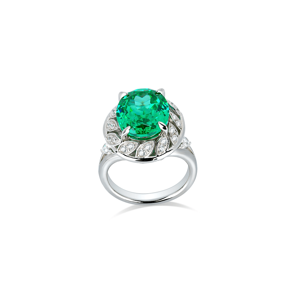 #1048グリーンオーバルカットジェムリング　葉のデザイン 個性的可愛い オシャレな指元アクセサリー（S925）