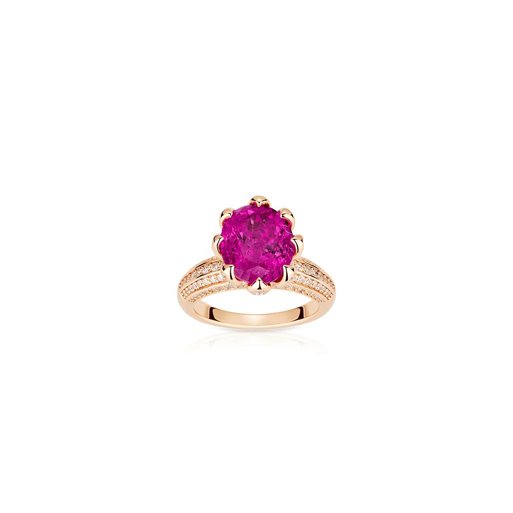 #10498 -ピンクレッドラウンドエッグカットジェムリング  豪華光沢 オシャレな指元アクセサリー（925 シルバー）