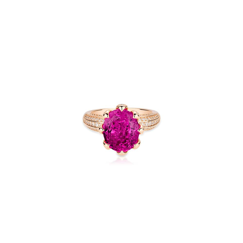 #10498 -ピンクレッドラウンドエッグカットジェムリング  豪華光沢 オシャレな指元アクセサリー（925 シルバー）