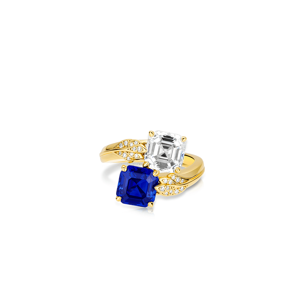 #10504ブルー & ホワイトアッシェーカットジェムリング 葉の彫刻デザイン 大人可愛い豪華光沢 オシャレな指元アクセサリー（S925）