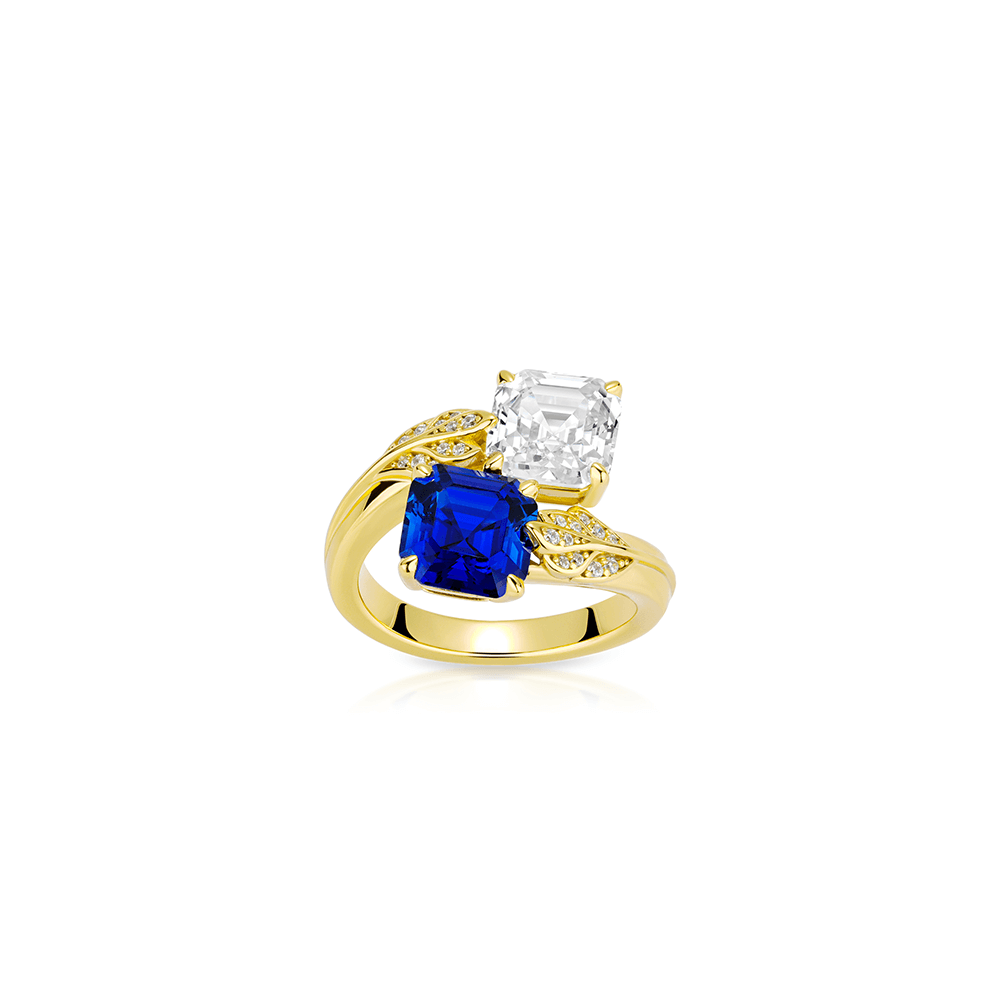 #10504ブルー & ホワイトアッシェーカットジェムリング 葉の彫刻デザイン 大人可愛い豪華光沢 オシャレな指元アクセサリー（S925）