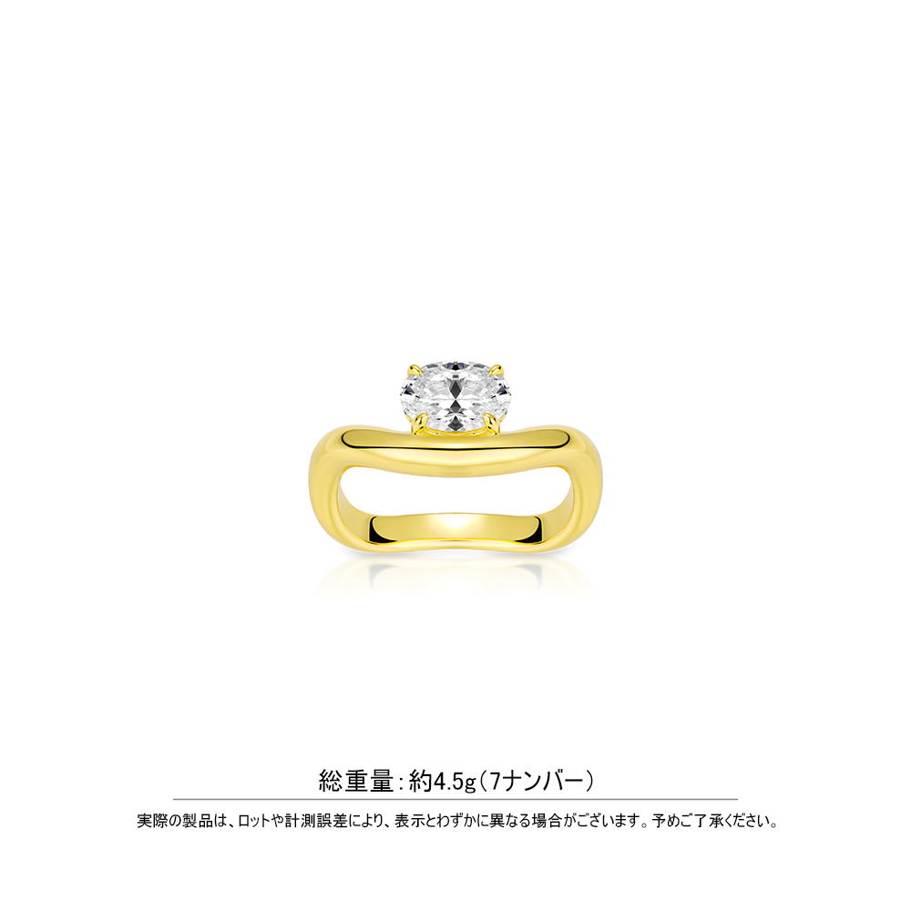 #10618 白いハトの卵石が四つ爪で金色の波浪リングに輝く - おしゃれなリング（925シルバー）