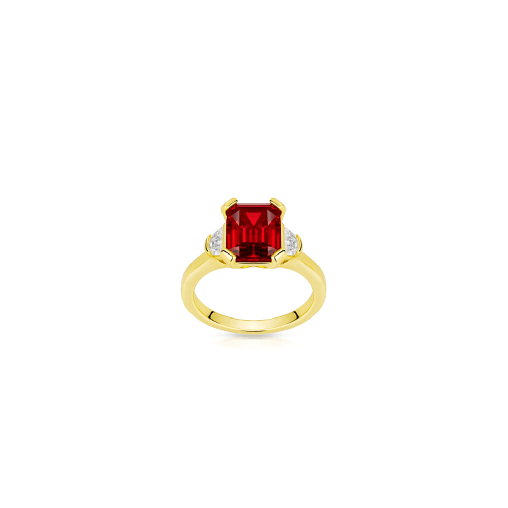 #10654 レッドエメラルドカットジェムリング シンプルデザイン 大人可愛い豪華光沢 オシャレな指元アクセサリー（S925）
