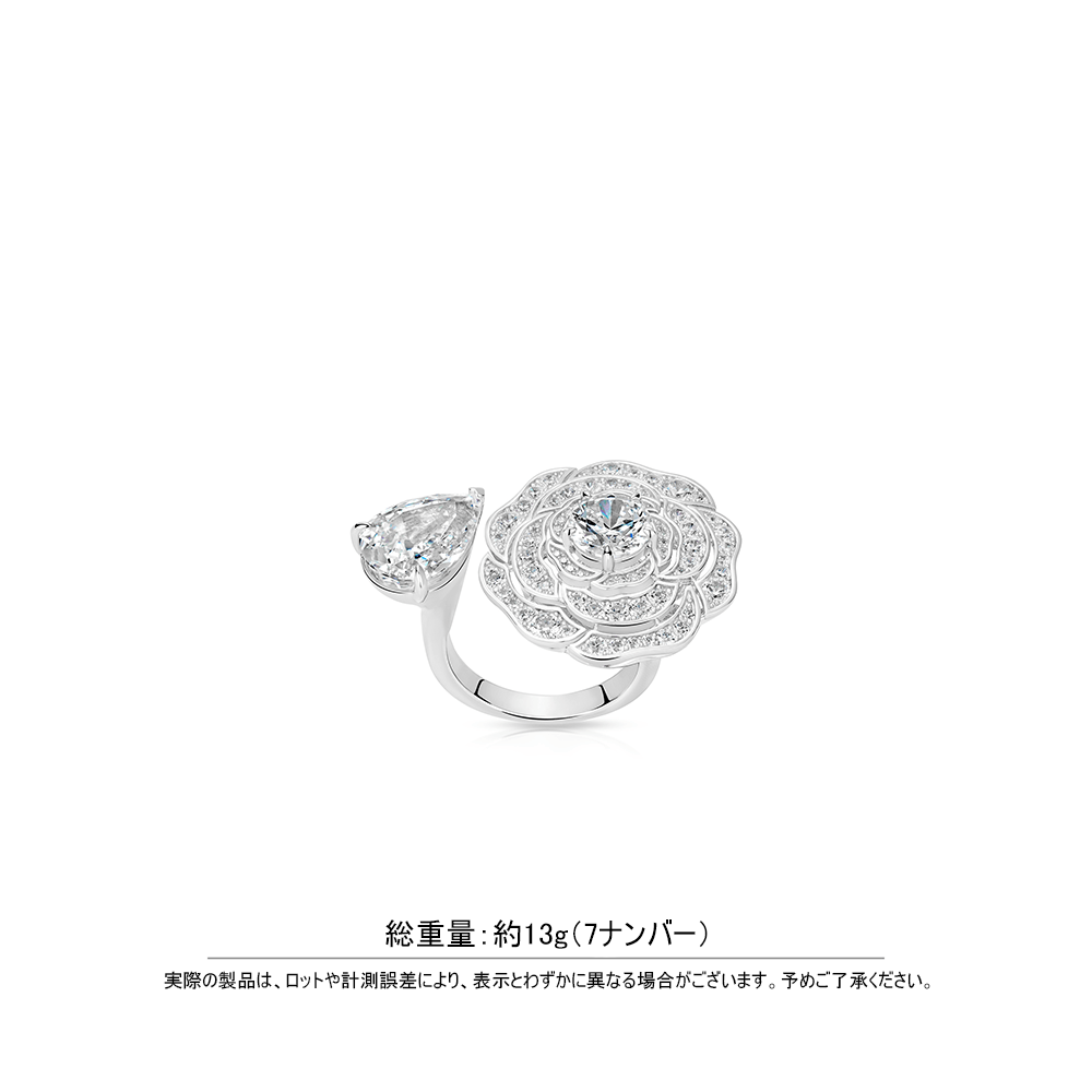 #10891 ホワイトドロップジェムリング カメリアデザイン 大人可愛い豪華光沢 オシャレな指元アクセサリー（S925）