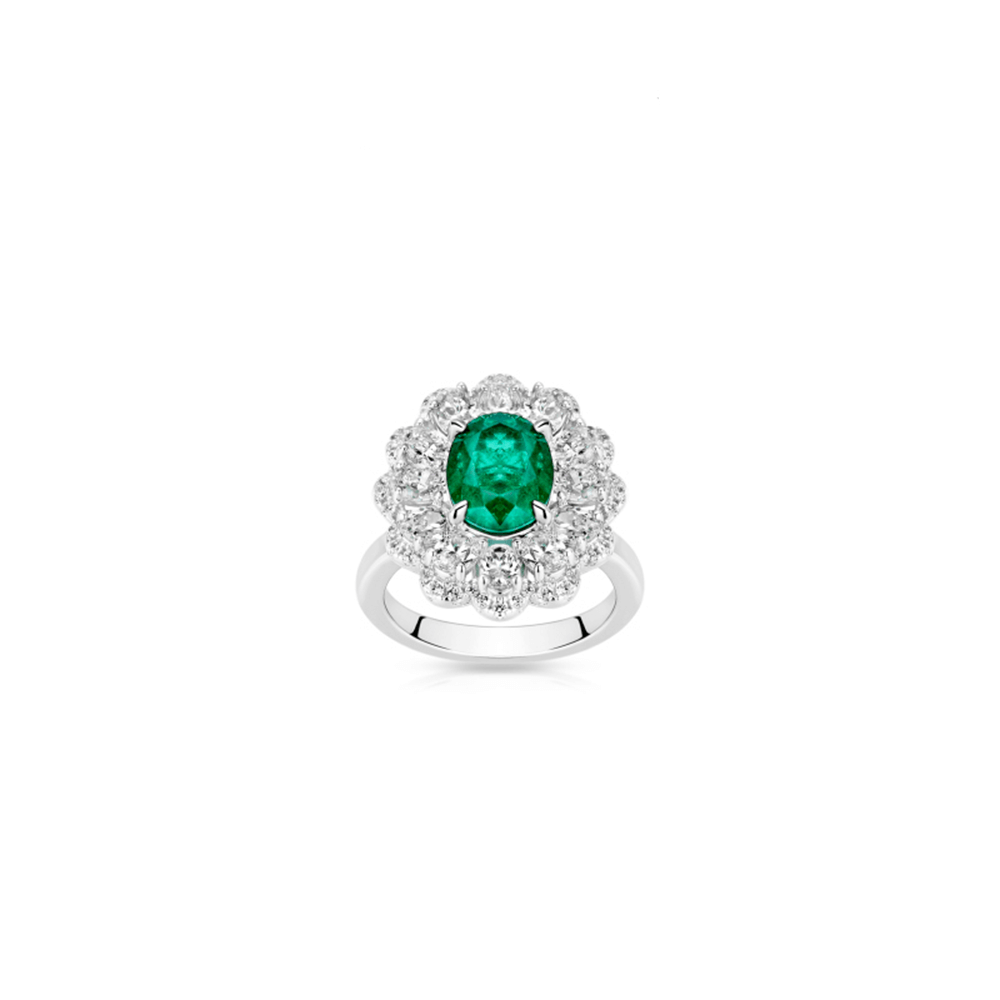 #10905 グリーンオーバルジェムリング フラワーデザイン 大人可愛い豪華光沢 オシャレな指元アクセサリー（S925）