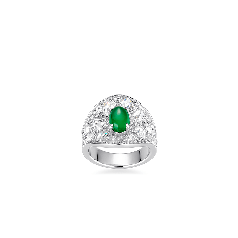 #1596 グリーンオーバルジェムリング 豪華デザイン 大人可愛い光沢 オシャレな指元アクセサリー(S925)