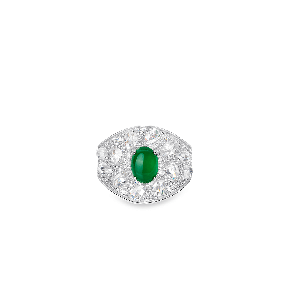 #1596 グリーンオーバルジェムリング 豪華デザイン 大人可愛い光沢 オシャレな指元アクセサリー(S925)