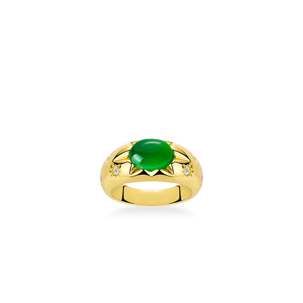 #1614-グリーンオーバルジェム太陽花デザインリング 豪華 大人可愛い光沢 万能指元アクセサリー(925シルバー)