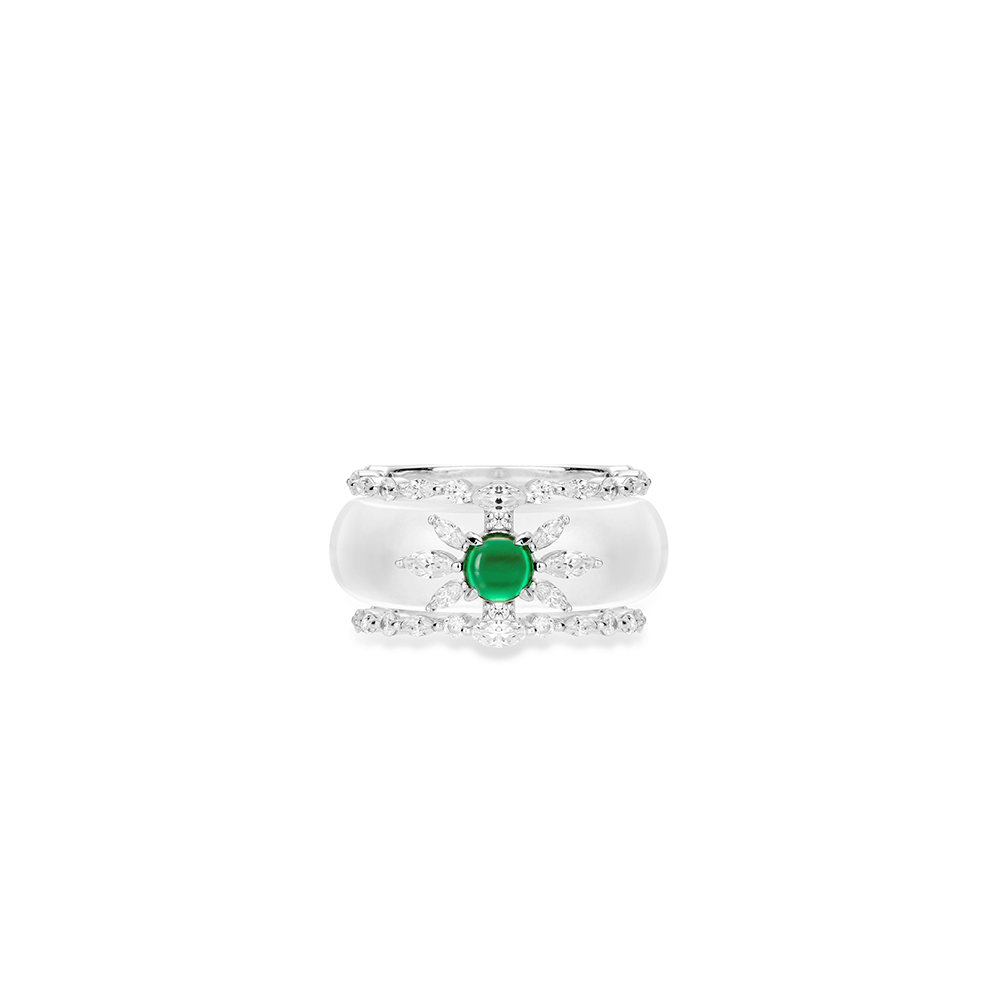 #1990-グリーンジェム太陽花デザインワイドリング 大人可愛い光沢 オシャレな指元アクセサリー(925シルバー)