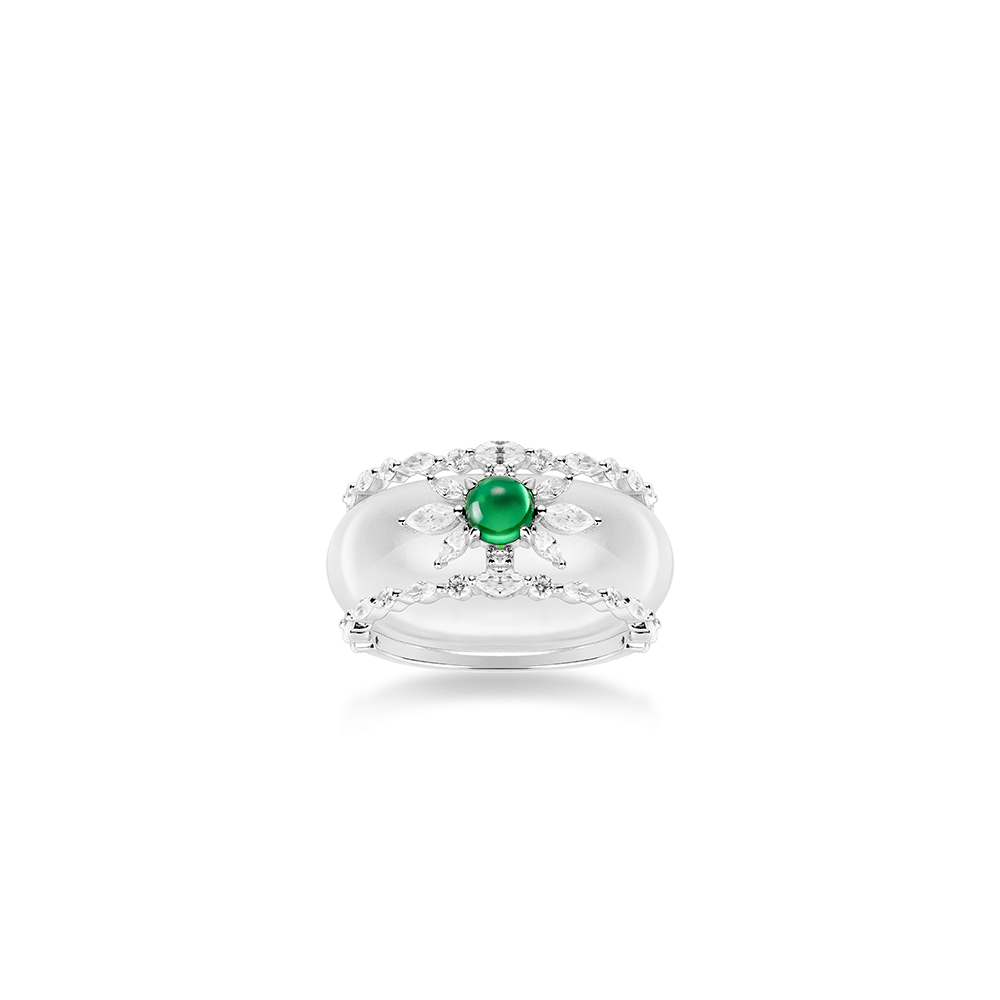 #1990-グリーンジェム太陽花デザインワイドリング 大人可愛い光沢 オシャレな指元アクセサリー(925シルバー)