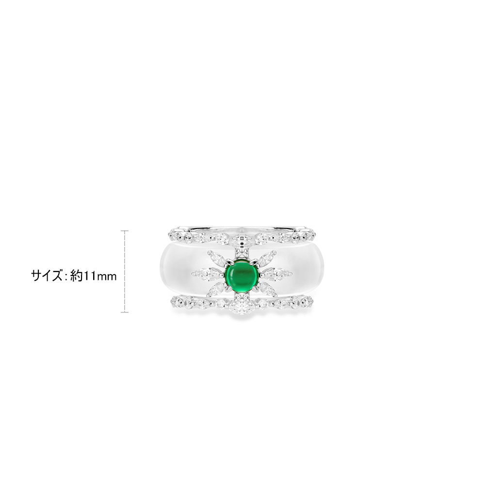 #1990-グリーンジェム太陽花デザインワイドリング 大人可愛い光沢 オシャレな指元アクセサリー(925シルバー)