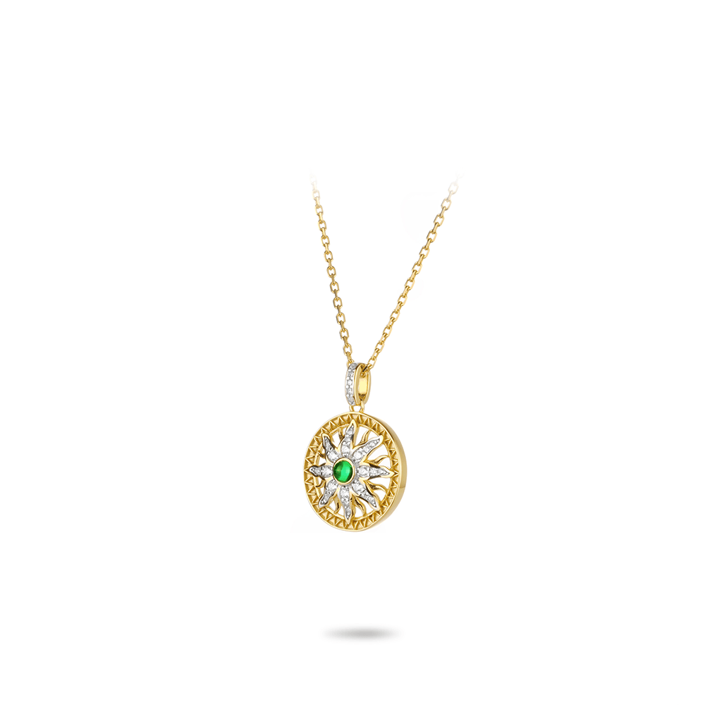#2605-グリーンアクセント サンフラワー円盤ネックレス 古法象嵌細工 清楚でオシャレなネックレス (925シルバー)
