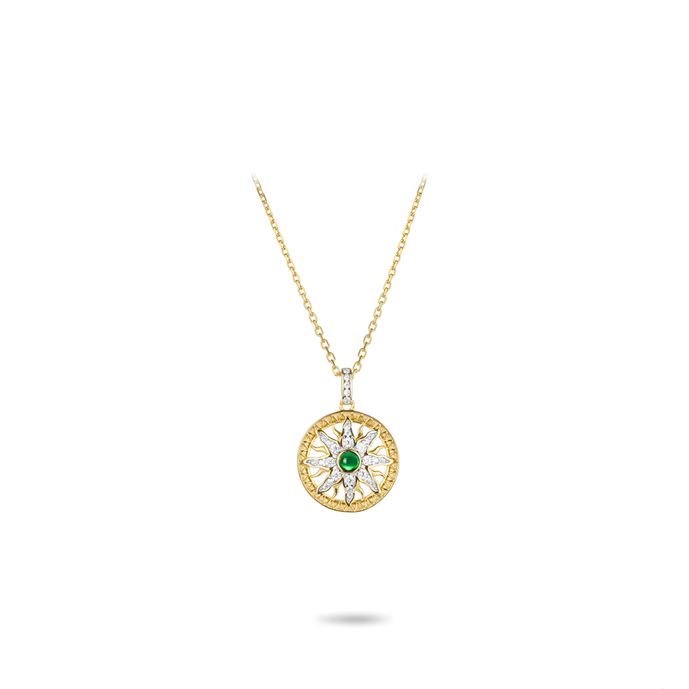 #2605-グリーンアクセント サンフラワー円盤ネックレス 古法象嵌細工 清楚でオシャレなネックレス (925シルバー)