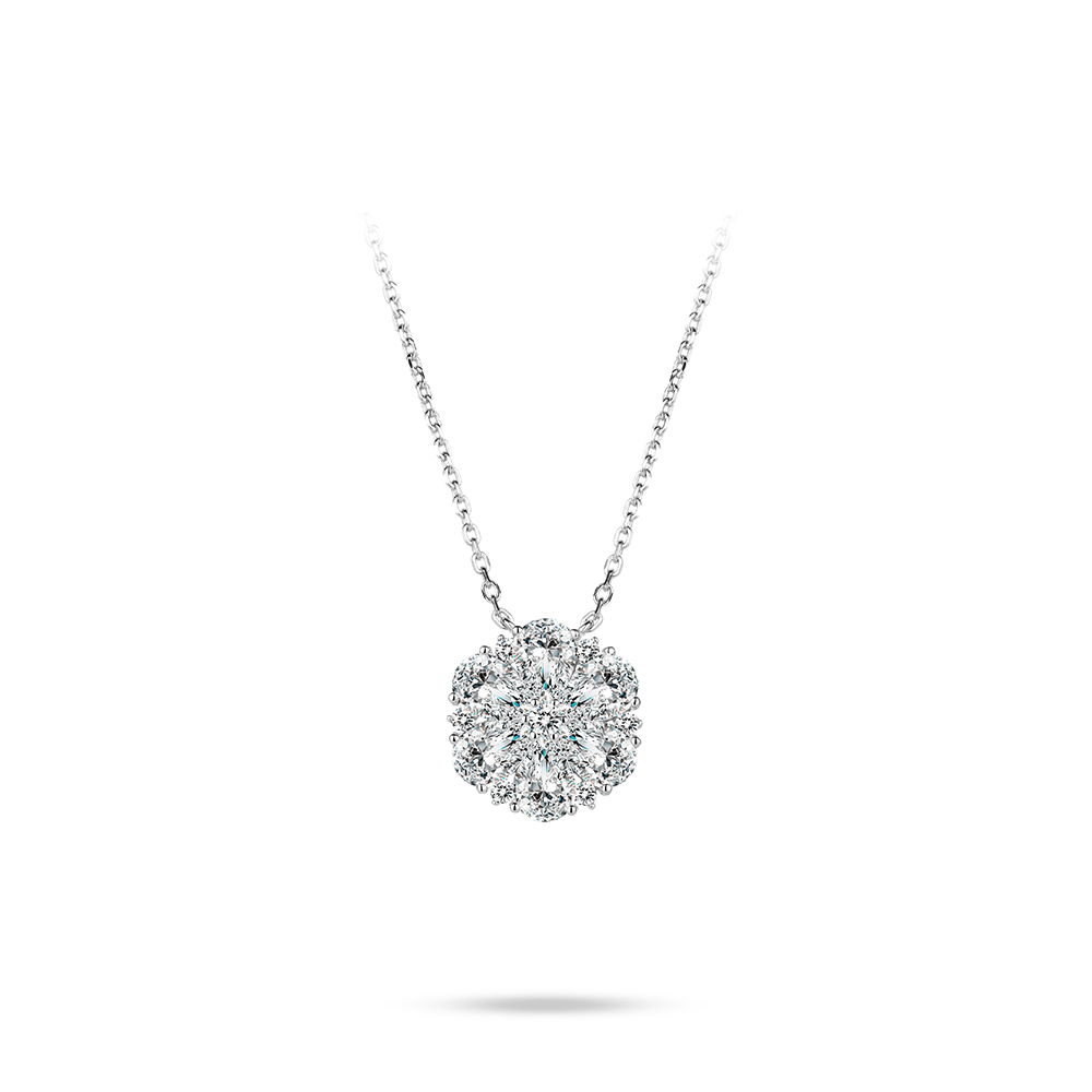 #21168-しずくが咲かせた花の輝き - フルダイヤモンドが彩る繊細なシルバーネックレス(925シルバー)