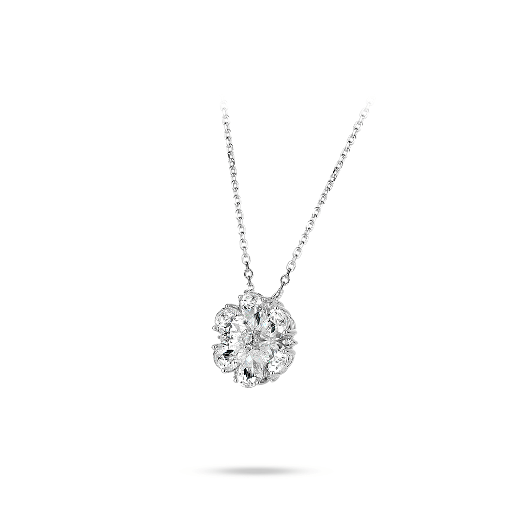 #21168-しずくが咲かせた花の輝き - フルダイヤモンドが彩る繊細なシルバーネックレス(925シルバー)