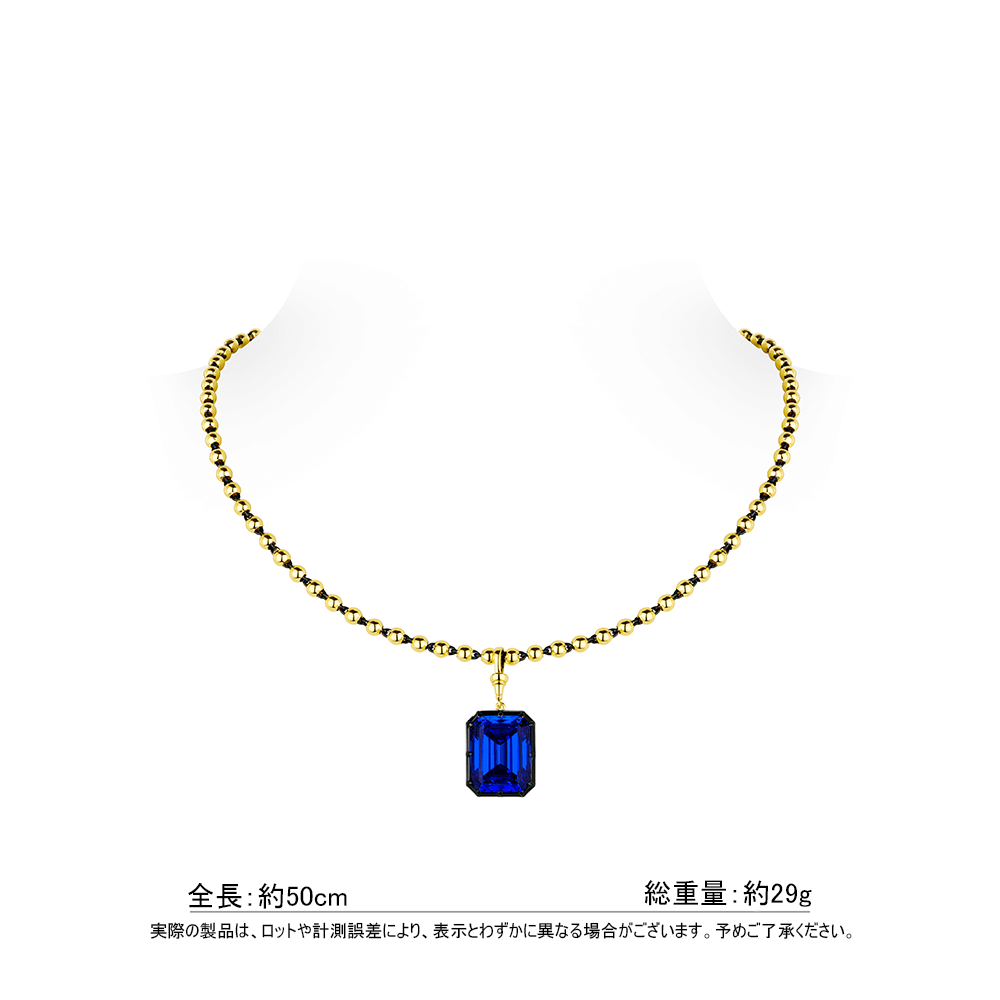 #21631 ブルーエメラルドカットジェムネックレス ビーズチェーンデザイン 大人可愛い豪華光沢 オシャレなネックレスアクセサリー（S925）