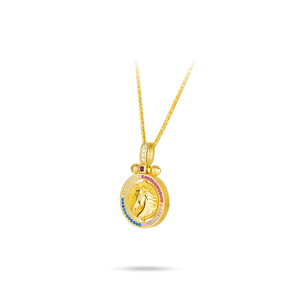 #21709-ホースモチーフコインネックレス 彫刻柄キラキラ 豪華光沢 大人可愛いアクセサリー (925シルバー)