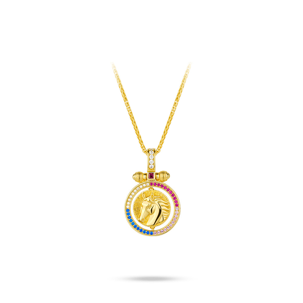 #21709-ホースモチーフコインネックレス 彫刻柄キラキラ 豪華光沢 大人可愛いアクセサリー (925シルバー)