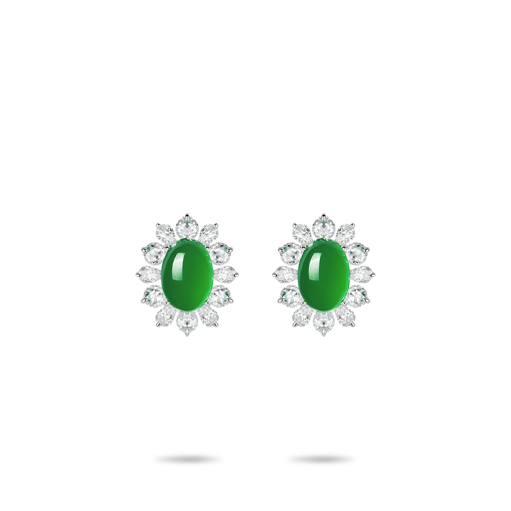 #30304 緑のダイヤが太陽花と共に耳元に輝く - ゴージャスなイヤリング、上品な雰囲気（925シルバー）