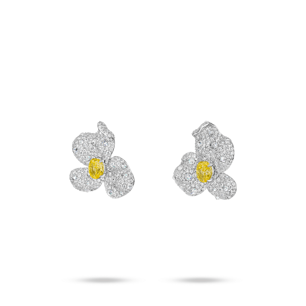#30521イエローオーバルストーン フラワーデザインピアス  大人可愛い豪華光沢 オシャレなイヤーアクセサリー(S925)