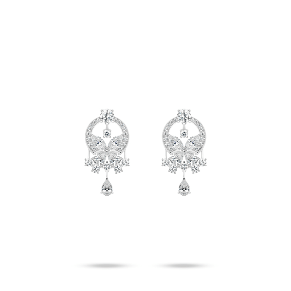 #30528 ホワイトドロップジェムピアス バタフライデザイン 大人可愛い豪華光沢 オシャレなイヤーアクセサリー(S925)