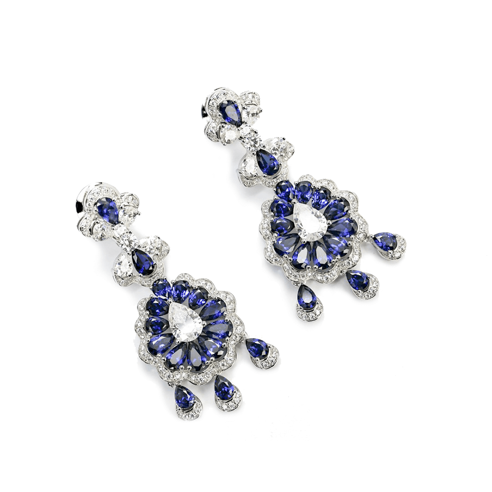 #3054ブルーホワイトペアシェイプジェムピアス タッセルデザイン 大人可愛い豪華光沢 オシャレなイヤーアクセサリー（925 銀）