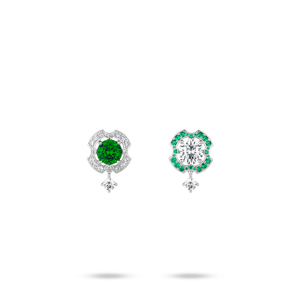 #3203グリーン & ホワイトラウンドジェムピアス アシンメトリーデザイン 個性的 オシャレなアクセサリー（925银）