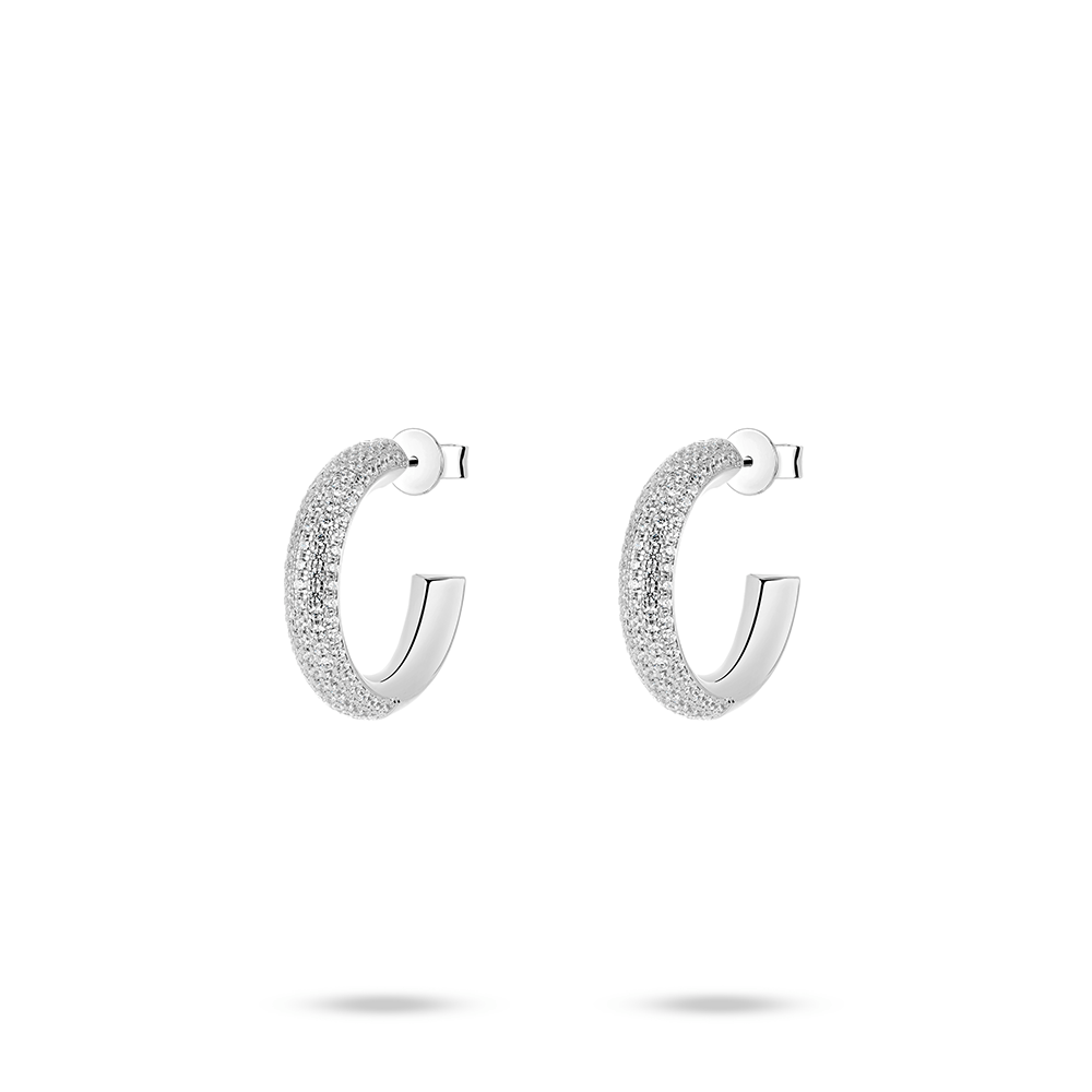 #30247 白いキラキラの C 型が耳元に優雅に輝く - シルバーのダイヤが包む、おしゃれなイヤリング（925シルバー）