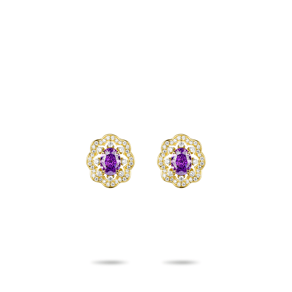 #3851 紫の宝石が金色の太陽花ダイヤに包まれ耳元に優雅に煌めく - ゴージャスなイヤリング、上品な雰囲気（925シルバー）