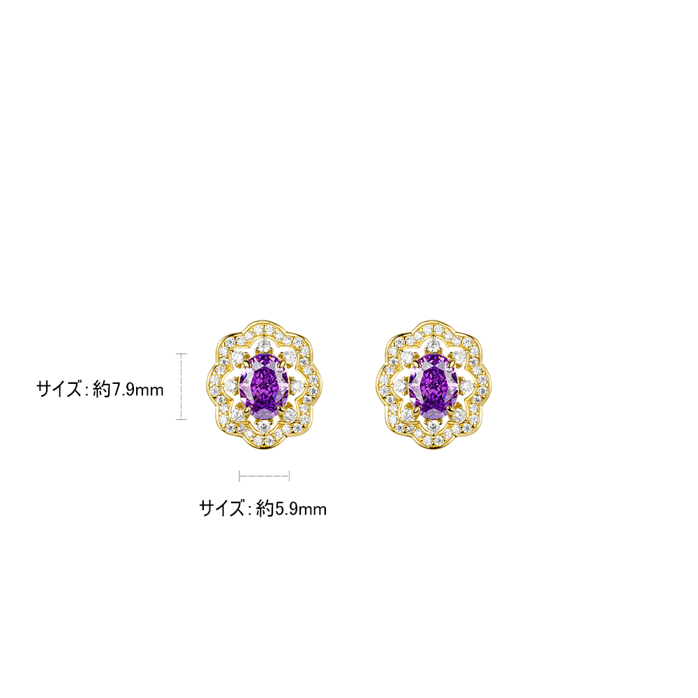 #3851 紫の宝石が金色の太陽花ダイヤに包まれ耳元に優雅に煌めく - ゴージャスなイヤリング、上品な雰囲気（925シルバー）