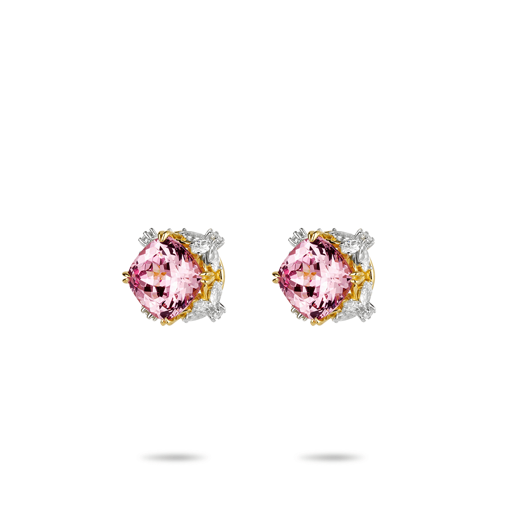 #30005 ゴールドピンクスクエアジェムフルブラインドイヤリング 可愛らしいピンク宝石が輝く豪華デザイン 大人可愛い光沢 （925银）