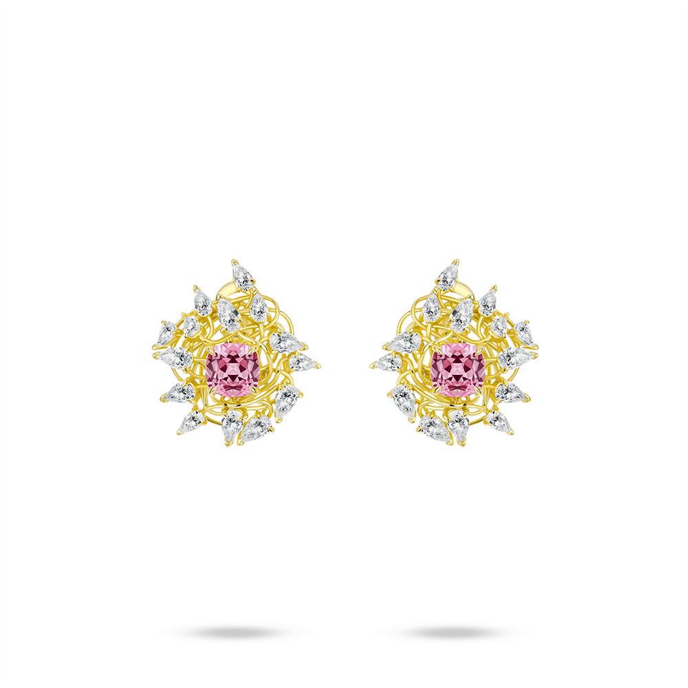 #30152-（人工ダイヤモンド）ピンクスクエアジェムピアス フラワーデザイン 大人可愛い豪華光沢 オシャレなイヤーアクセサリー(S925)