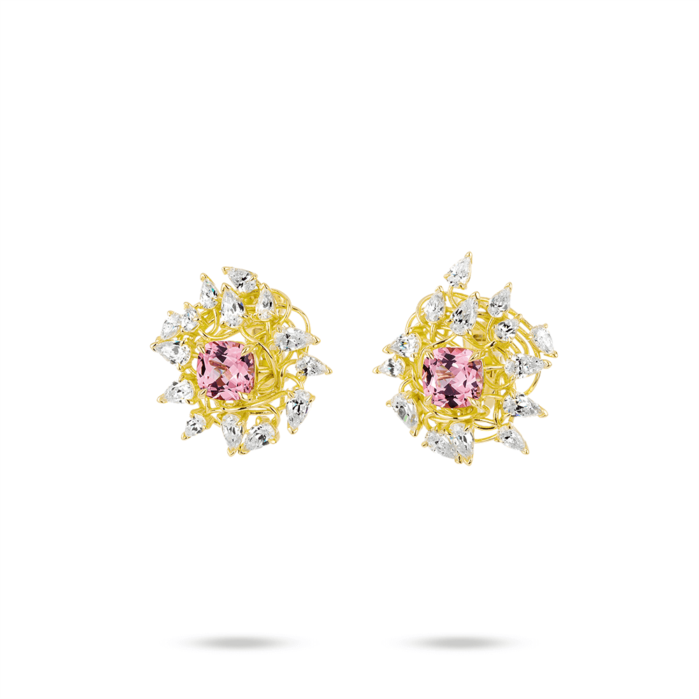 #30152-（人工ダイヤモンド）ピンクスクエアジェムピアス フラワーデザイン 大人可愛い豪華光沢 オシャレなイヤーアクセサリー(S925)