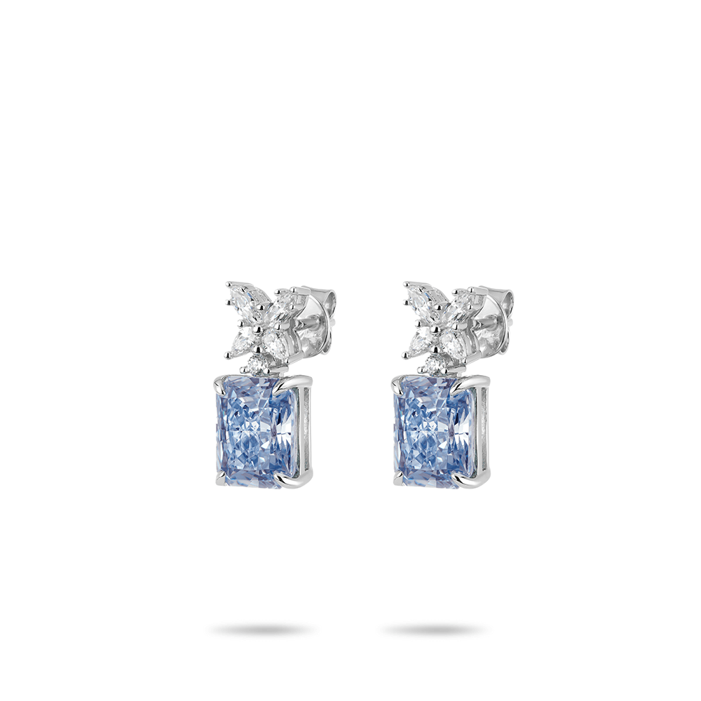#30342 ブルースクエアジェムピアス シンプルデザイン 大人可愛い豪華光沢 オシャレなイヤーアクセサリー(925シルバー)