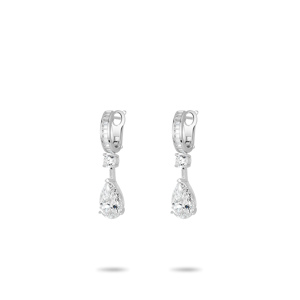#30374- (氷花切り加工)ホワイトドロップストーン ダイヤ満載 ロングピアス オールマッチ エレガント耳元アクセサリー（925シルバー）