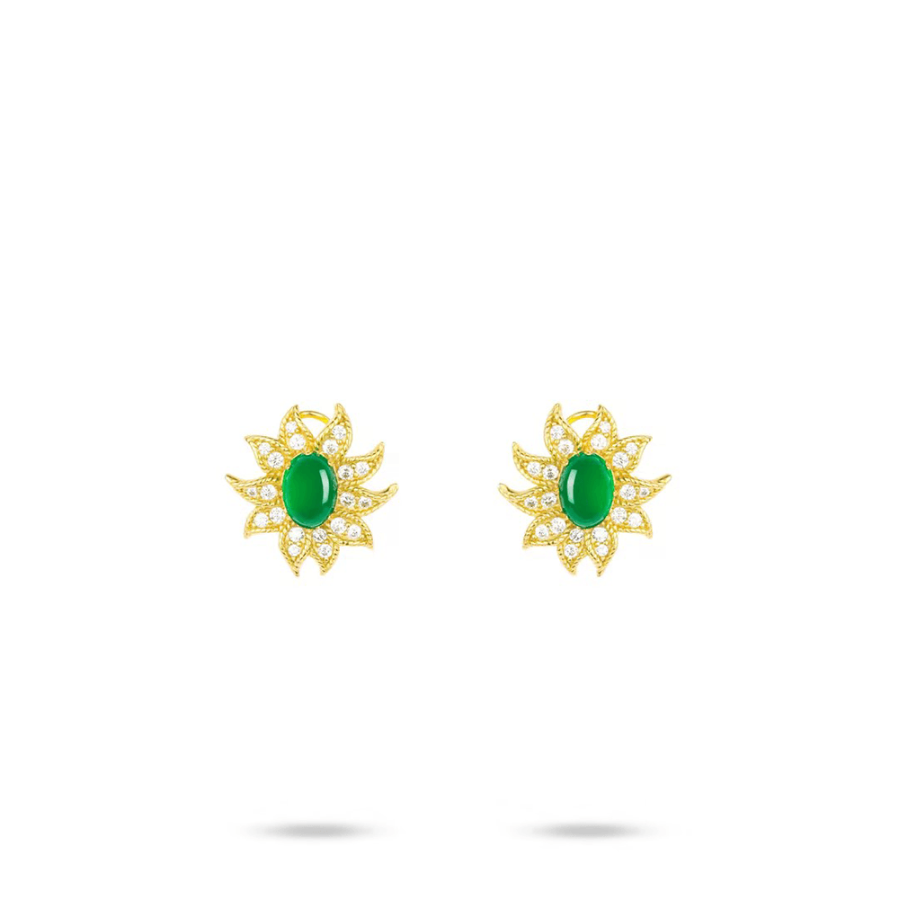 #3642-グリーンカボション サンフラワー 豪華ピアス（925シルバー）