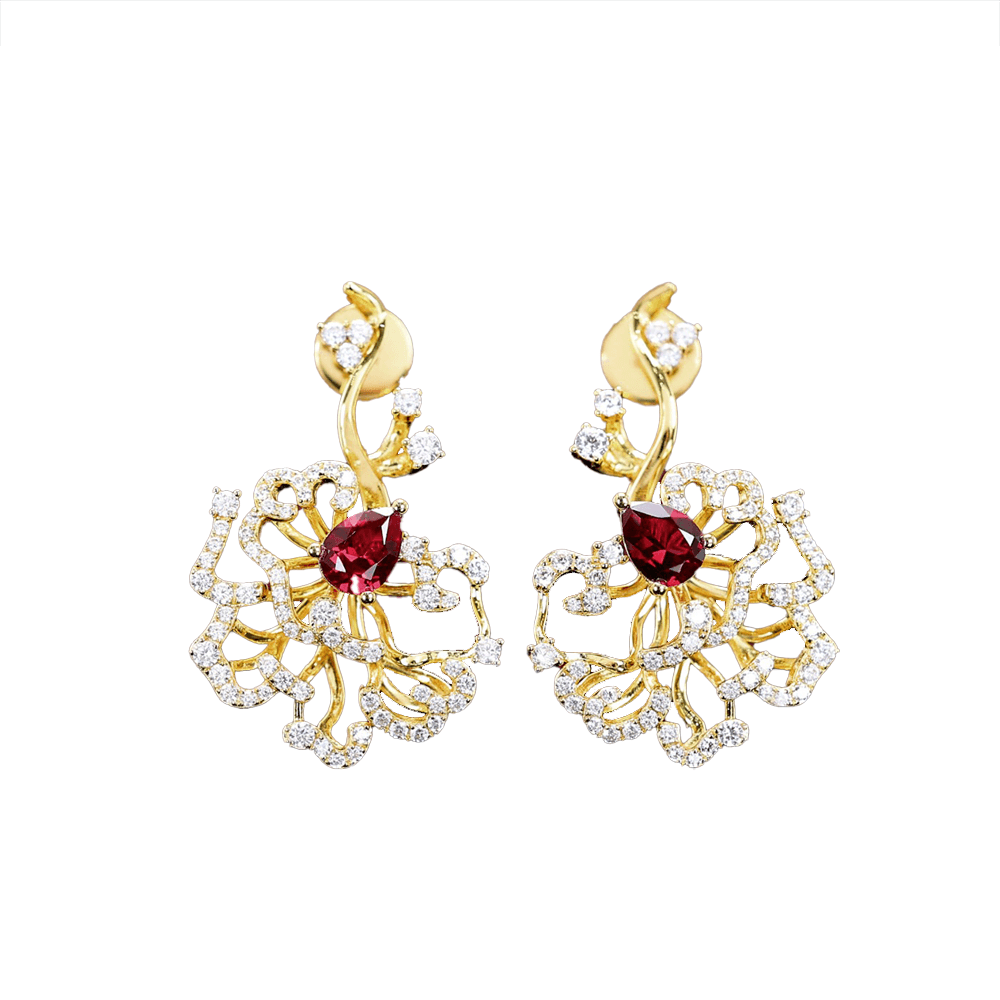 #3119 レッドドロップ フラワーリーフイヤリング  華やかな耳元アクセサリー 大人可愛い豪華光沢（S925）