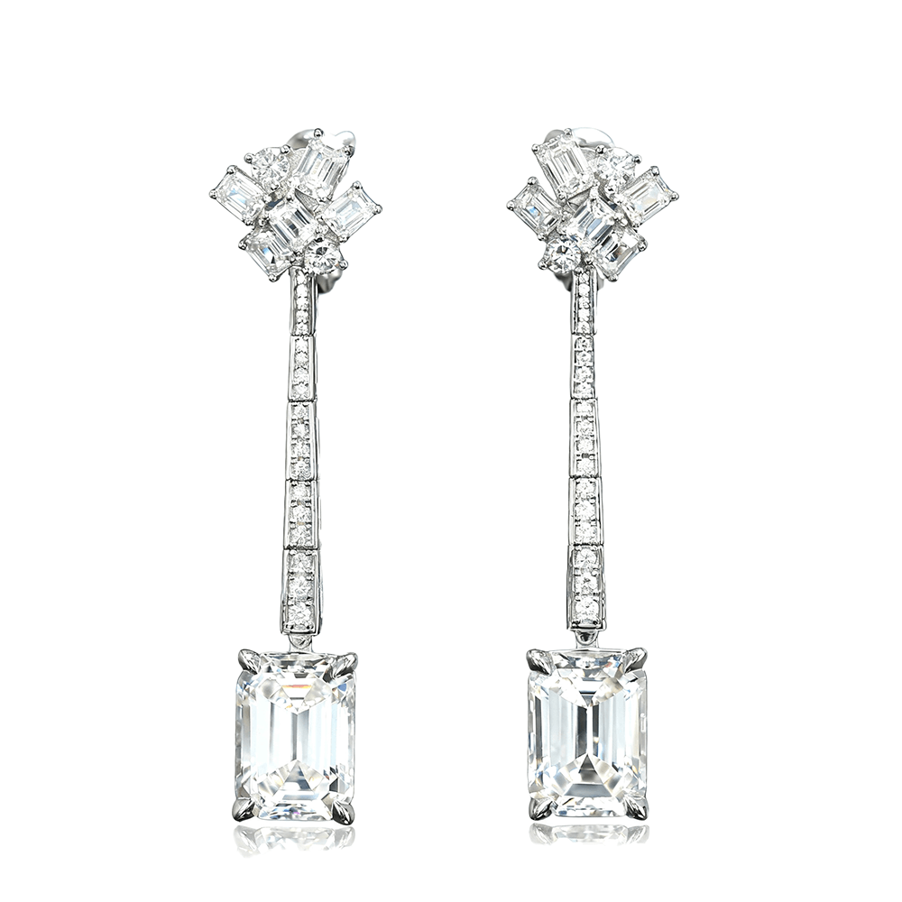#3168 -ホワイト エメラルドカット ロングピアス（925シルバー）