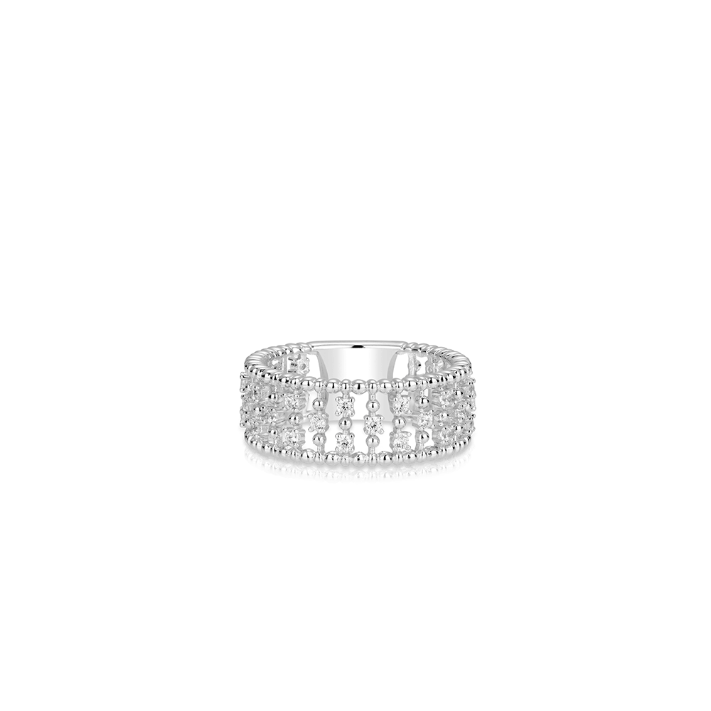 #10558ホワイトフルダイヤ透かしリング ドット粒石デザイン 大人可愛い豪華光沢 オシャレな指元アクセサリー（S925）