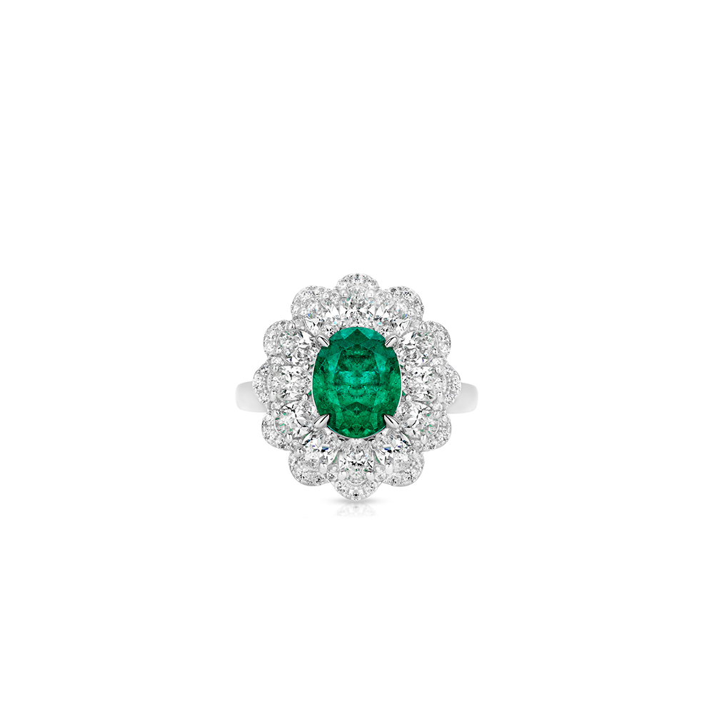 #10905 グリーンオーバルジェムリング フラワーデザイン 大人可愛い豪華光沢 オシャレな指元アクセサリー（S925）