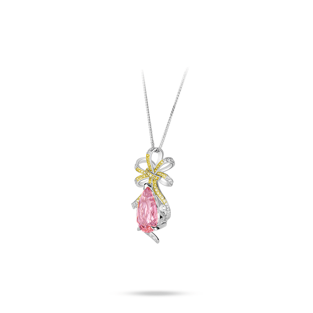 #2111-モルガンピンクドロップ グラデーション氷花リボンネックレス 上品ラグジュアリー(S925)