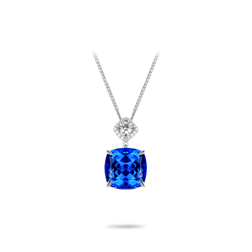 #20762- (人工ダイヤモンド)ブルースクエアジュエルネックレス 4 爪セッティング 豪華キラキラ コーデに合わせやすいアクセサリー（S925）