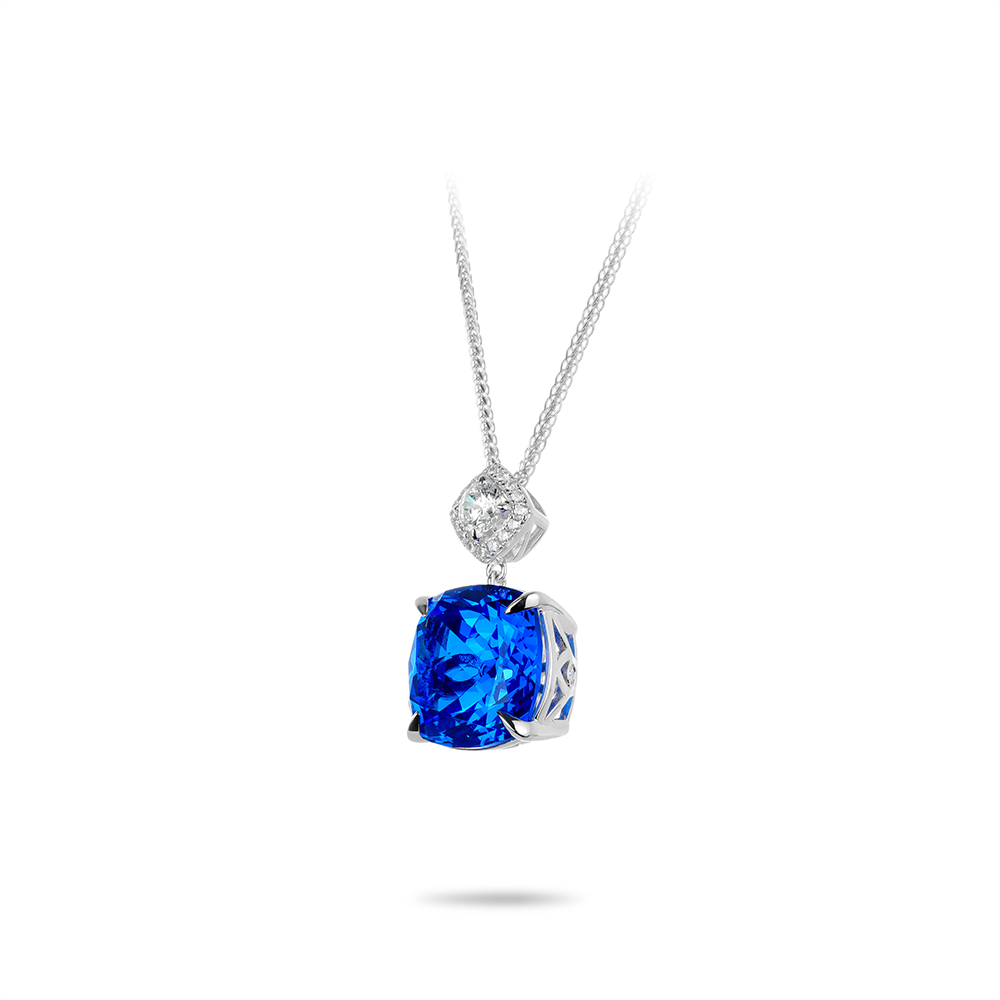 #20762- (人工ダイヤモンド)ブルースクエアジュエルネックレス 4 爪セッティング 豪華キラキラ コーデに合わせやすいアクセサリー（S925）