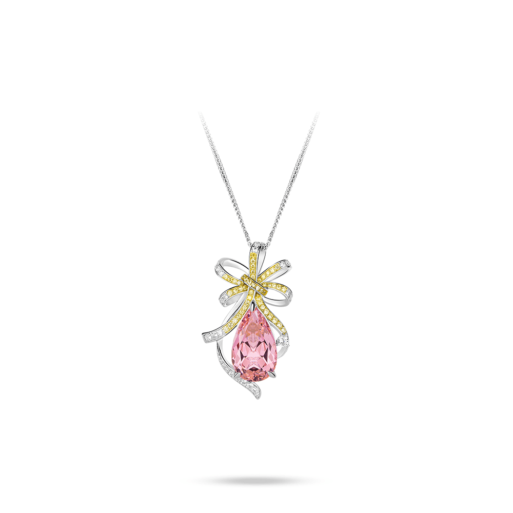 #2111-モルガンピンクドロップ グラデーション氷花リボンネックレス 上品ラグジュアリー(S925)