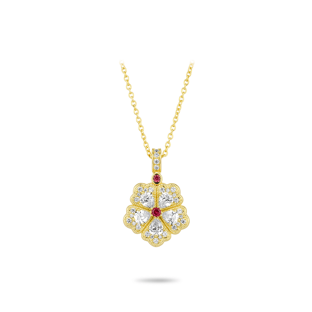 #21241 ゴールド地に白いドットのフルダイヤモンド5枚花ペンダントネックレス(シルバー925)