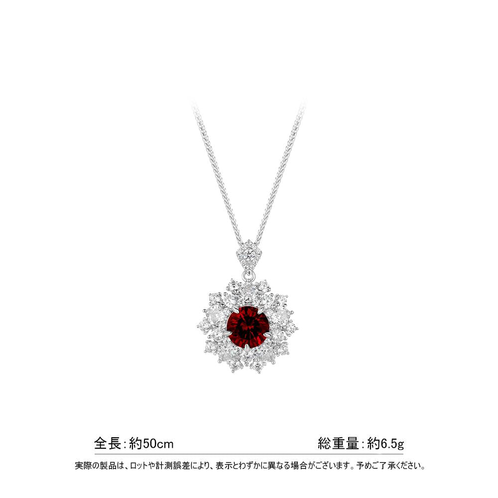 #2106 ファッション太陽花レッドストーンネックレス 不規則デザイン 大人可愛い豪華光沢 万能首元アクセサリー（925シルバー）
